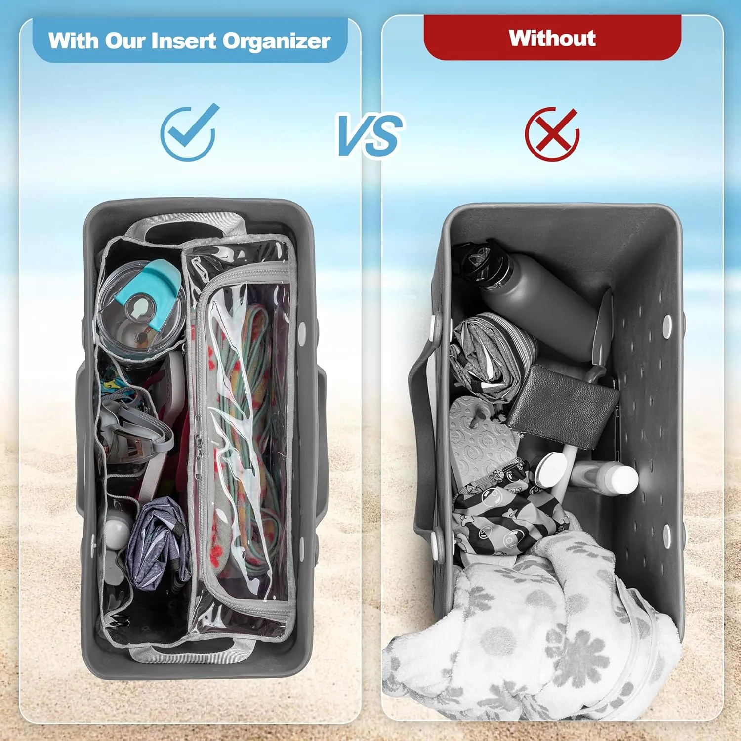 Clear Beach Bag Organizer Insert Compatible with BOGG BAG Original X Large, Zipper Organizer Liner Compatible with BOGG BAG Original X Large, Insert Divider Pouch with 2 Compartments, Gray
