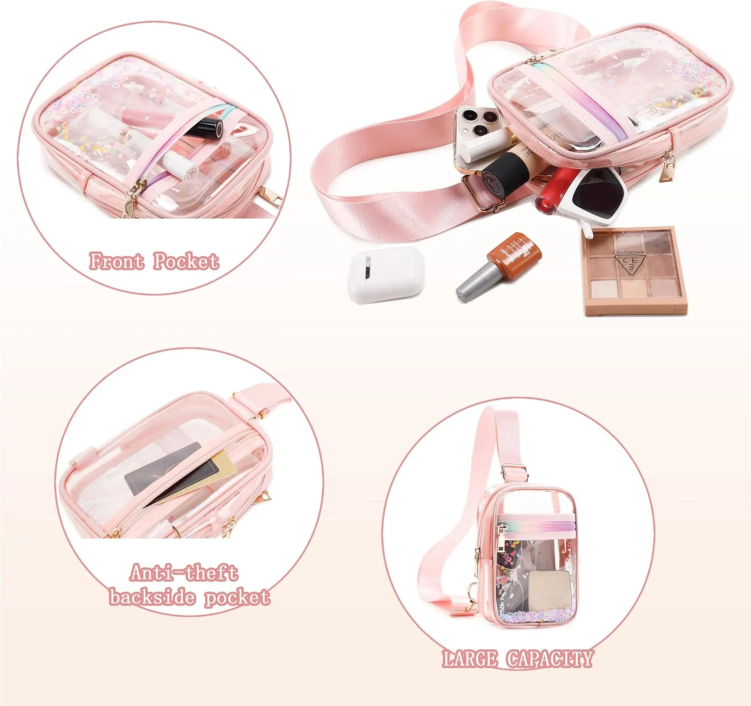 Clear Crossbody Bags for Women Girls Stadium Approved Sling Pack Bag Shoulder Belt Purses Kids Transparent Chest Backpack Daypack (Pink, Small)