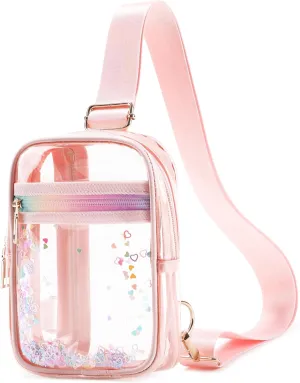 Clear Crossbody Bags for Women Girls Stadium Approved Sling Pack Bag Shoulder Belt Purses Kids Transparent Chest Backpack Daypack (Pink, Small)