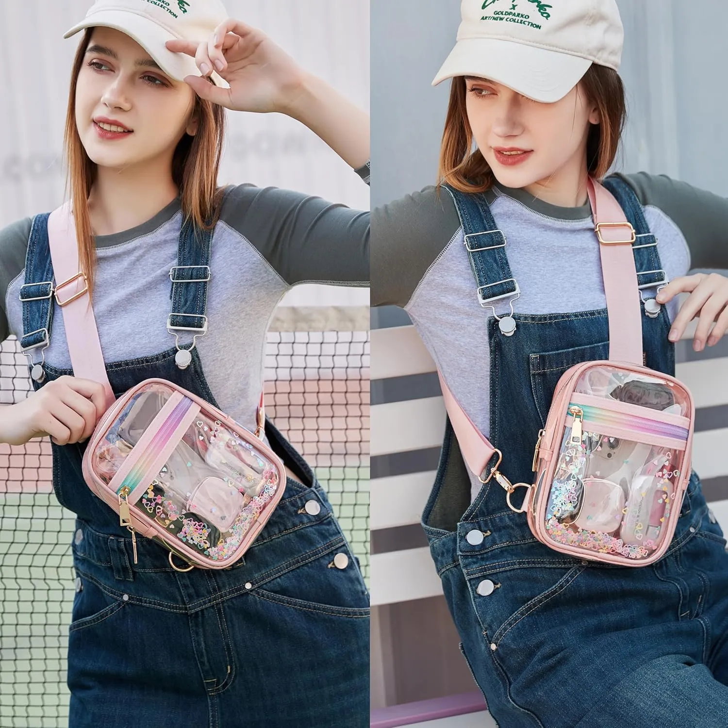 Clear Crossbody Bags for Women Girls Stadium Approved Sling Pack Bag Shoulder Belt Purses Kids Transparent Chest Backpack Daypack (Pink, Small)