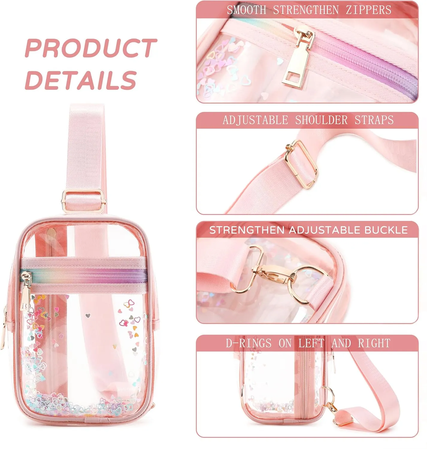 Clear Crossbody Bags for Women Girls Stadium Approved Sling Pack Bag Shoulder Belt Purses Kids Transparent Chest Backpack Daypack (Pink, Small)