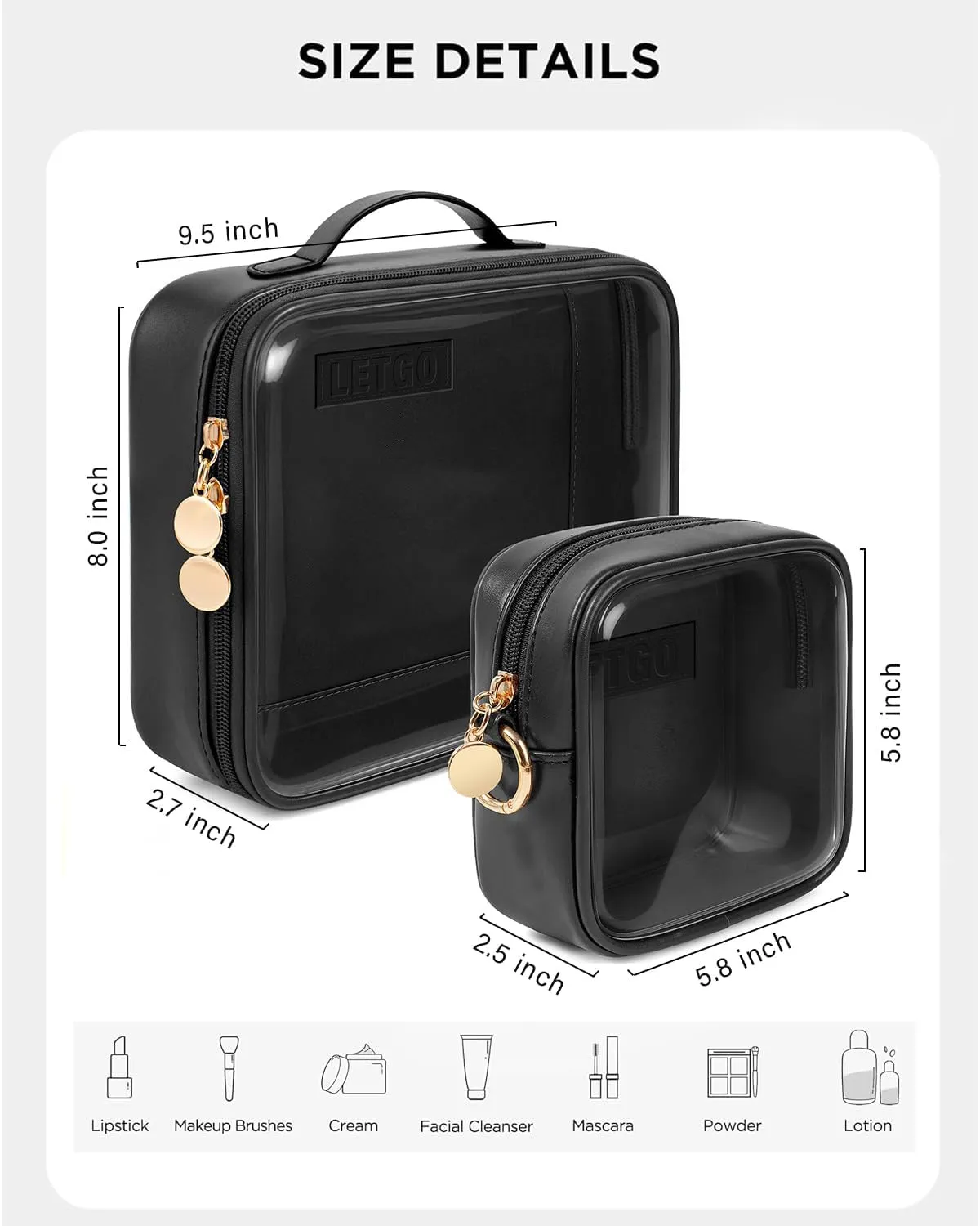 Clear Makeup Bags Set - TSA Approved Toiletry Bag with Handle Large Opening, Clear Toiletry Bags for Traveling Travel Essentials Travel Size Toiletries Valentines Day Gifts for Men (Large Mini Black)