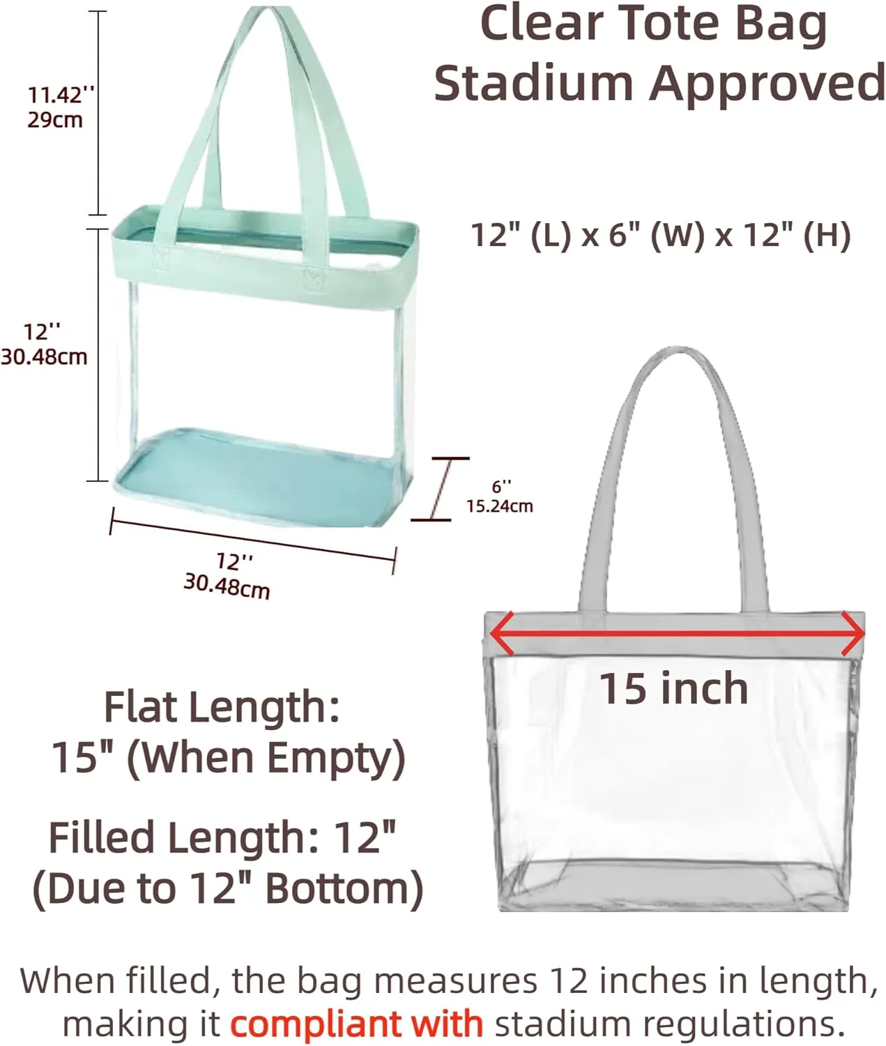 Clear Tote Bag Stadium Approved 12x6x12 12x12x6 Clear Bag for Stadium Events 12 x6 x12 Transparent Purse 12 x 6 x 12