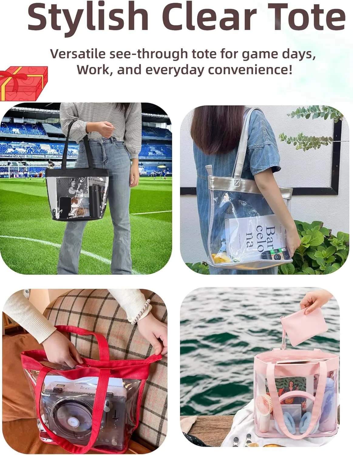 Clear Tote Bag Stadium Approved 12x6x12 12x12x6 Clear Bag for Stadium Events 12 x6 x12 Transparent Purse 12 x 6 x 12