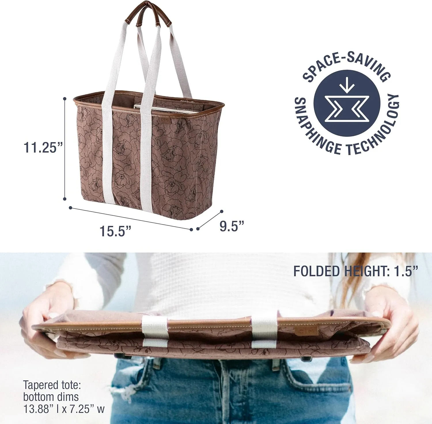 CleverMade Collapsible LUXE Tote - Peony 1 Pack 20L / 5 Gal - Reusable Utility Grocery Shopping Storage Bag Organizer with Handles Reinforced Bottom