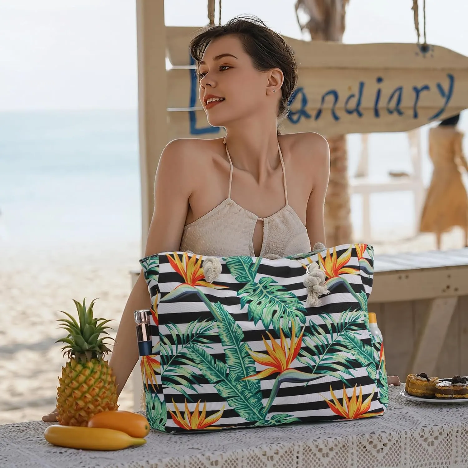 Clothirily Beach Bag for Women - Large Beach Tote Bag, Waterproof Sandproof Beach Bag with Zipper, Large Swim Pool Beach Tote