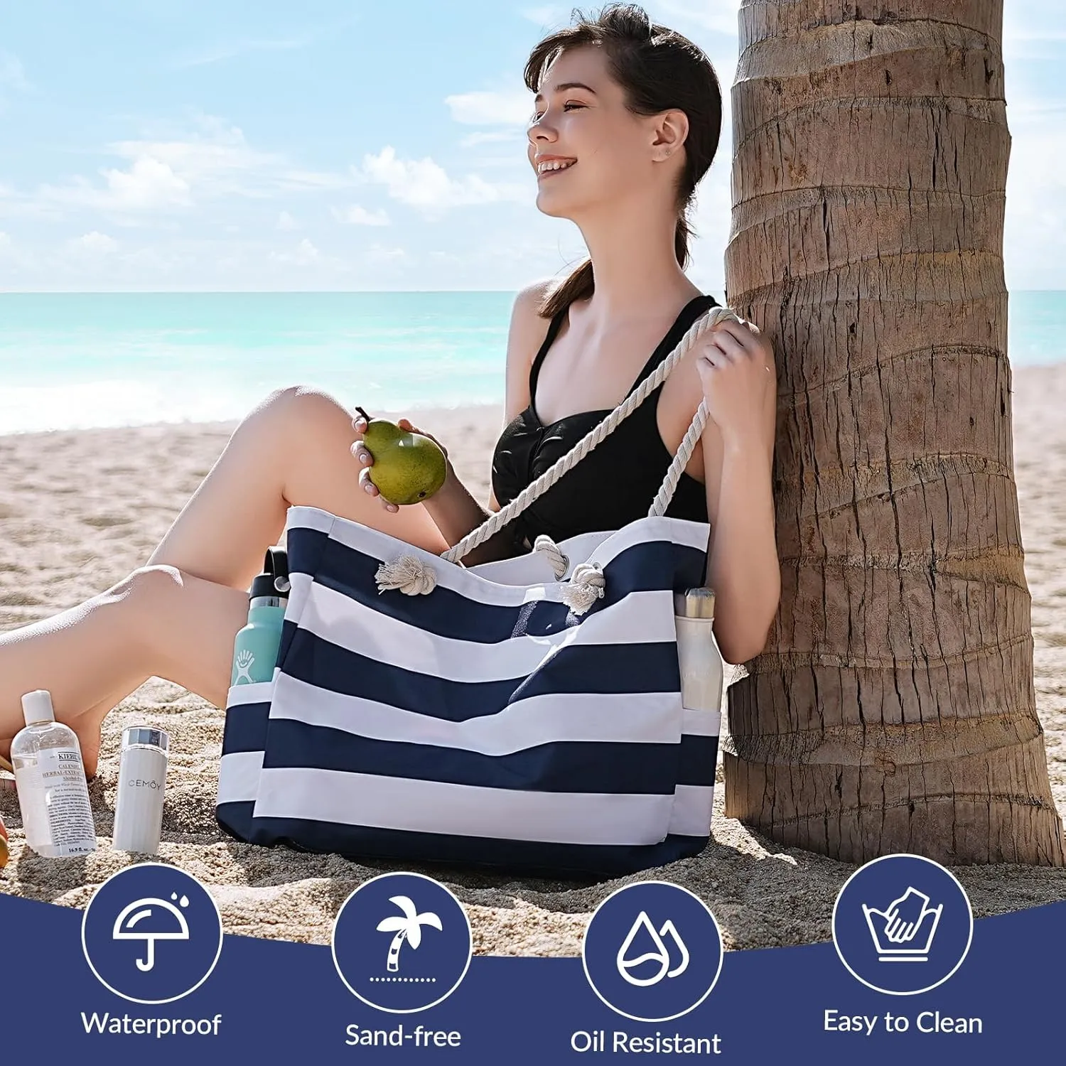 Clothirily Beach Bag for Women - Large Beach Tote Bag, Waterproof Sandproof Beach Bag with Zipper, Large Swim Pool Beach Tote