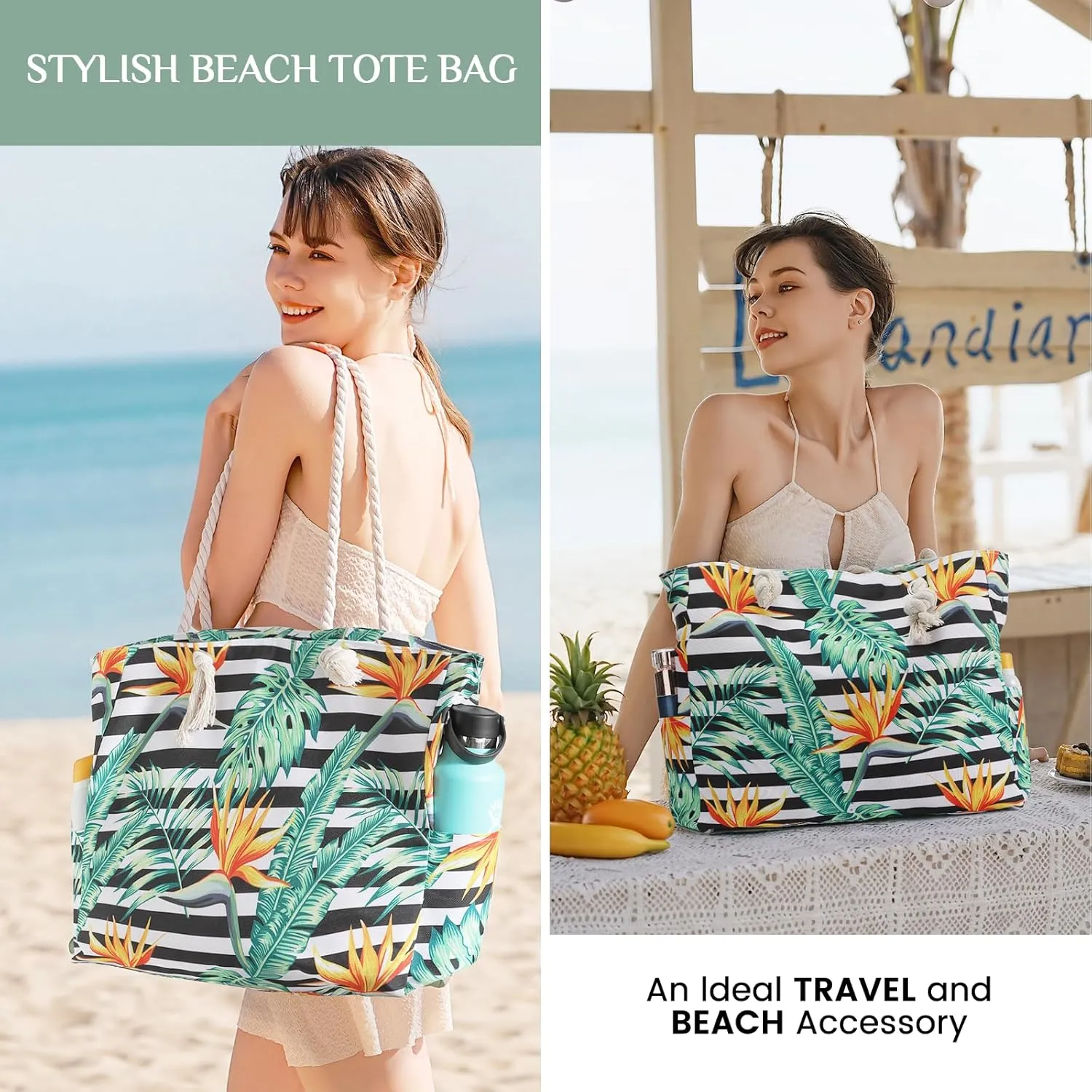 Clothirily Beach Bag for Women - Large Beach Tote Bag, Waterproof Sandproof Beach Bag with Zipper, Large Swim Pool Beach Tote