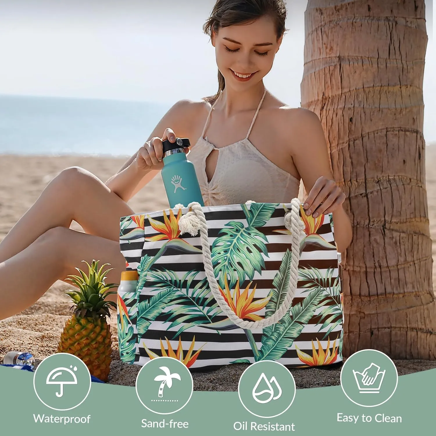 Clothirily Beach Bag for Women - Large Beach Tote Bag, Waterproof Sandproof Beach Bag with Zipper, Large Swim Pool Beach Tote