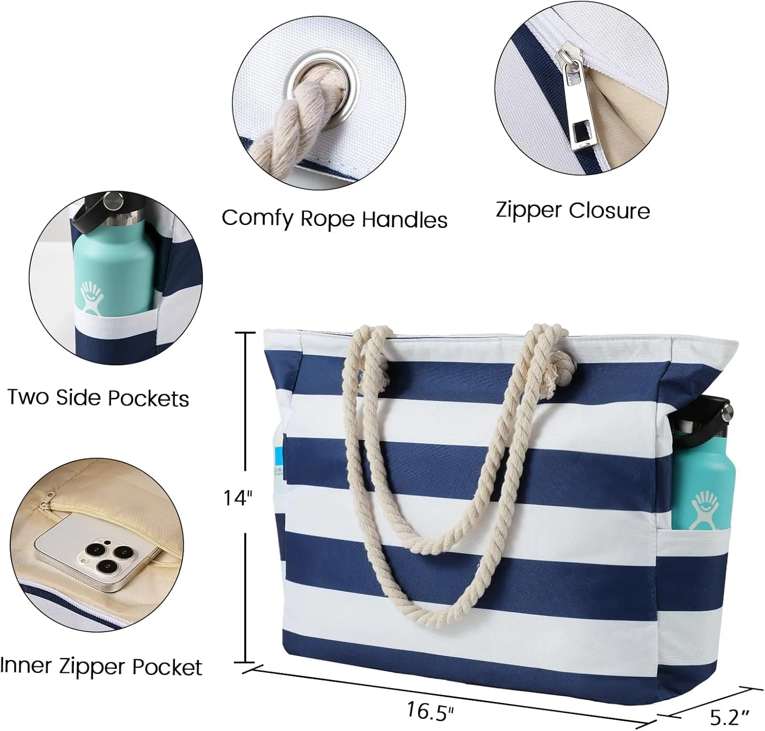 Clothirily Beach Bag for Women - Large Beach Tote Bag, Waterproof Sandproof Beach Bag with Zipper, Large Swim Pool Beach Tote