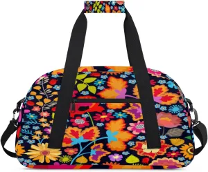 Color Flower Gym Duffel Bag for Men Women Floral Leaves Sports Tote Bag with Adjustable Shoulder Strap for Dance Gymnastics Traveling Outdoor Camping Overnight Stay