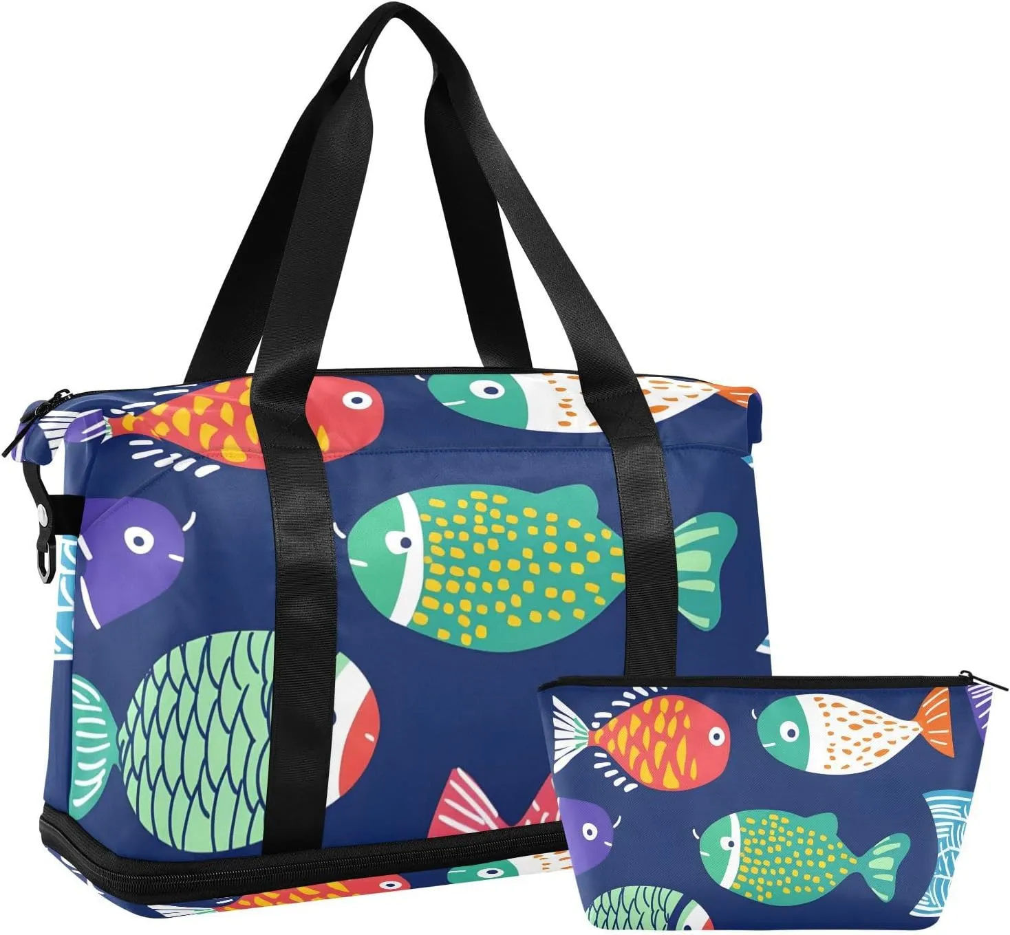 Colorful Abstract Fish Versatile Sports Travel Bag - Lasting Twill Tote, Removable Wheel & Rod Bagging, Multi-pocket Design, Complimentary Makeup Bag