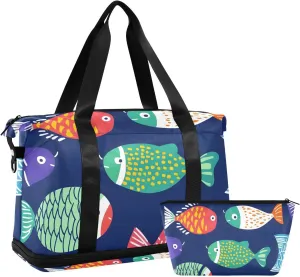 Colorful Abstract Fish Versatile Sports Travel Bag - Lasting Twill Tote, Removable Wheel & Rod Bagging, Multi-pocket Design, Complimentary Makeup Bag