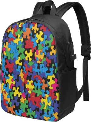 Colorful Autism Awareness Travel Laptop Backpack - Durable Business Laptops Backpack with USB Charging Port