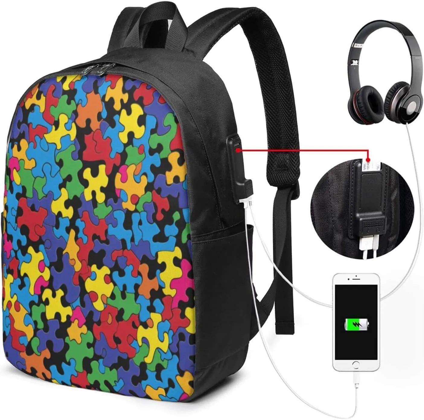 Colorful Autism Awareness Travel Laptop Backpack - Durable Business Laptops Backpack with USB Charging Port