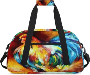 Colorful Rooster Gym Duffel Bag for Men Women Watercolor Painting Sports Tote Bag with Adjustable Shoulder Strap for Dance Gymnastics Traveling Outdoor Camping Overnight Stay