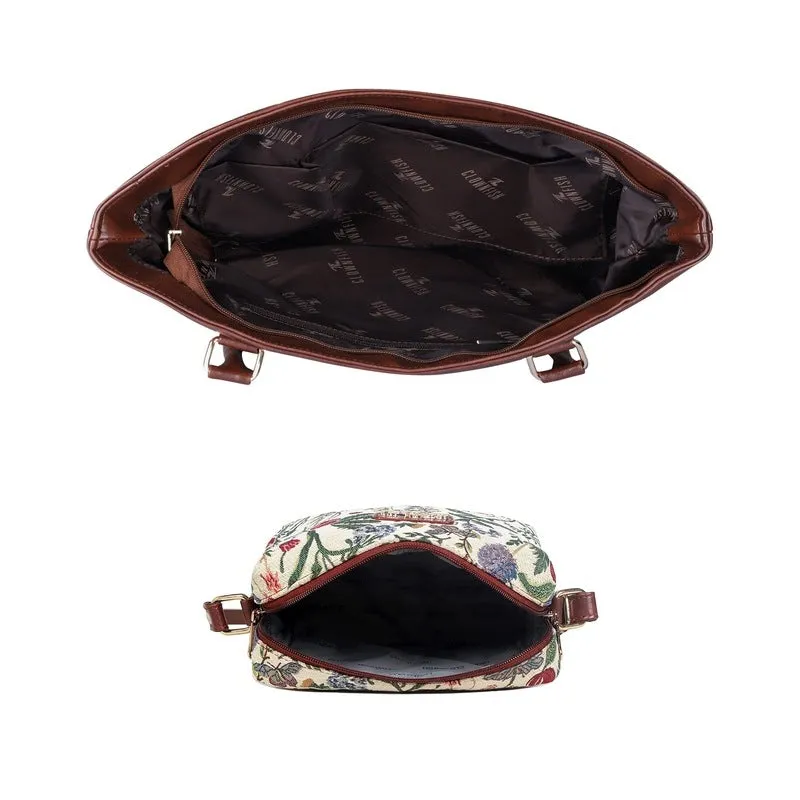 Combo: Adelina Sling & Justina Handbag - Durable Tapestry & Faux Leather | Adjustable Strap | 3 Pockets | Flax