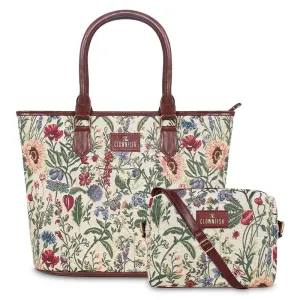 Combo: Adelina Sling & Justina Handbag - Durable Tapestry & Faux Leather | Adjustable Strap | 3 Pockets | Flax