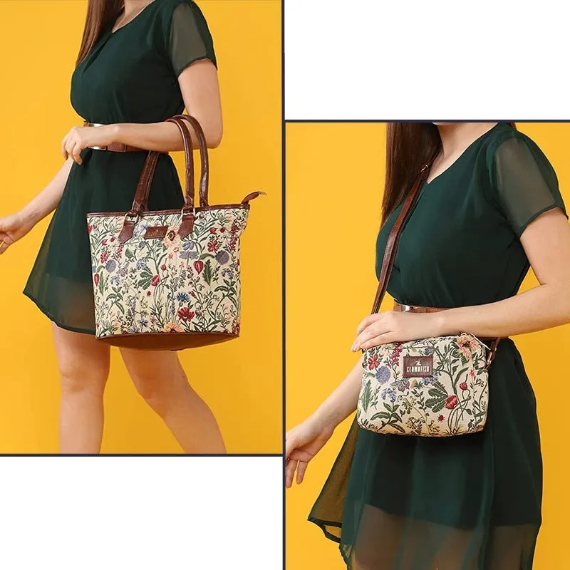 Combo: Adelina Sling & Justina Handbag - Durable Tapestry & Faux Leather | Adjustable Strap | 3 Pockets | Flax