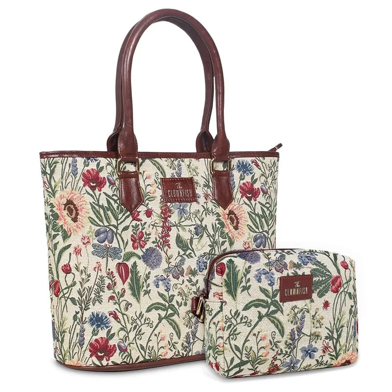 Combo: Adelina Sling & Justina Handbag - Durable Tapestry & Faux Leather | Adjustable Strap | 3 Pockets | Flax