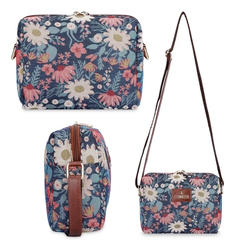 Combo: Adelina Sling & Justina Handbag for Women | Adjustable Strap | 3 Compartments | Purple-Floral