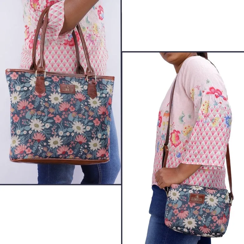 Combo: Adelina Sling & Justina Handbag for Women | Adjustable Strap | 3 Compartments | Purple-Floral