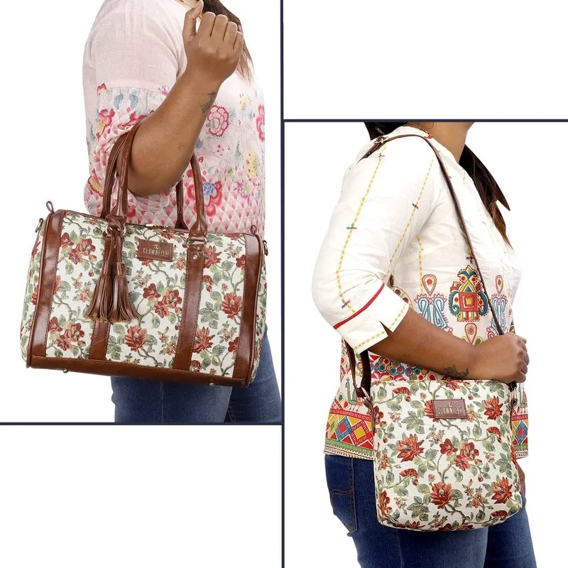 Combo: Linda Series Sling & Lorna Handbag - Durable, Chic Design | Includes Adjustable Strap | Size: M | Off White-Floral