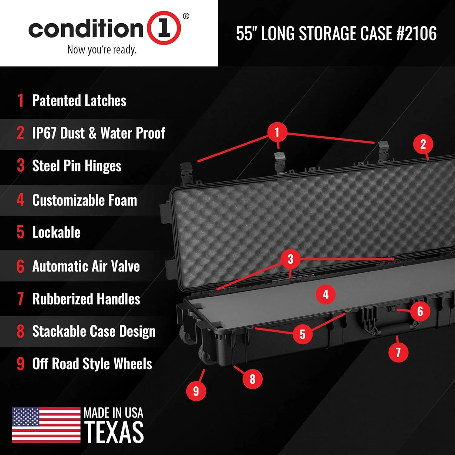 Condition 1 55" Long Gun Carrying Case Model 818 with Wheels, Rolling Hard Lockable Storage with Foam, IP67 Waterproof, TSA Friendly, Made in USA, 54.77"x16.50"x5.94"