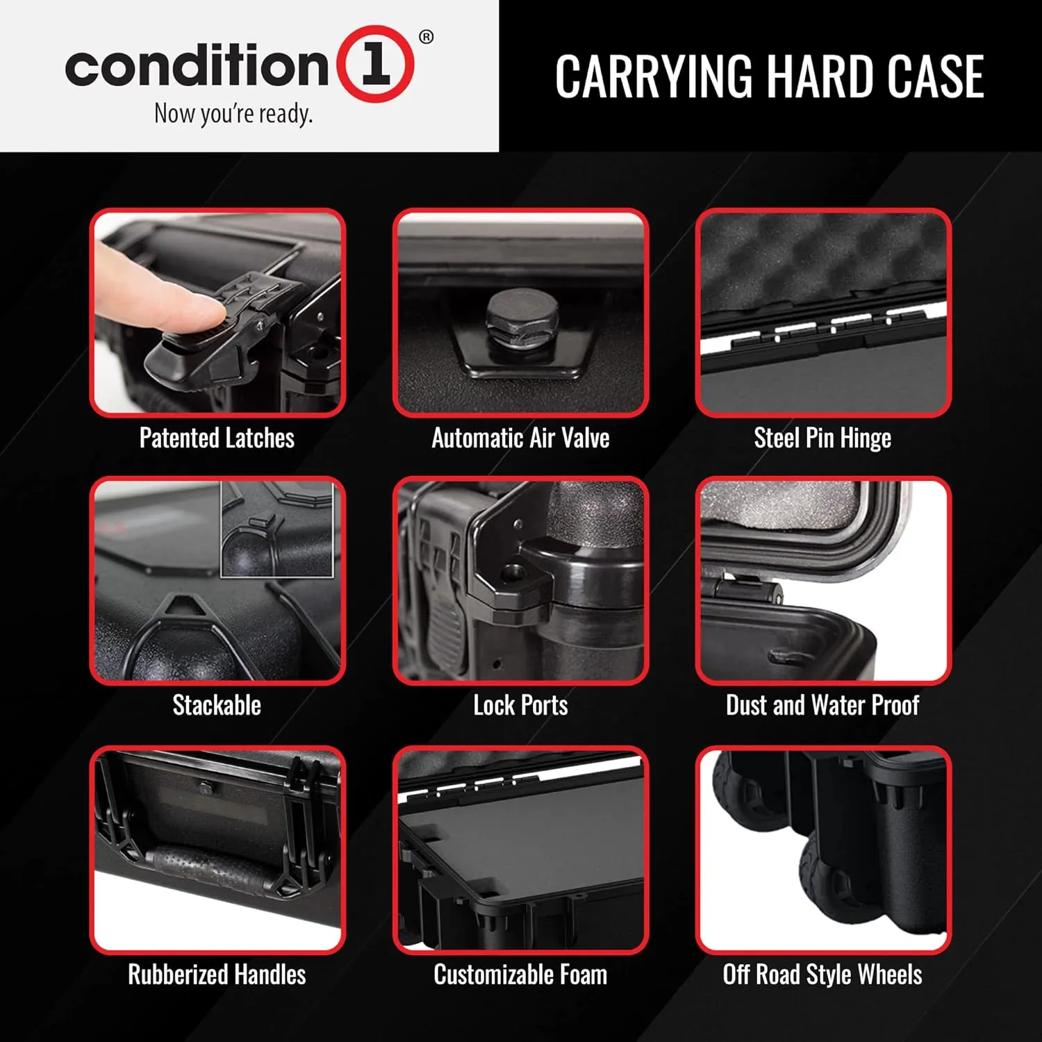 Condition 1 55" Long Gun Carrying Case Model 818 with Wheels, Rolling Hard Lockable Storage with Foam, IP67 Waterproof, TSA Friendly, Made in USA, 54.77"x16.50"x5.94"