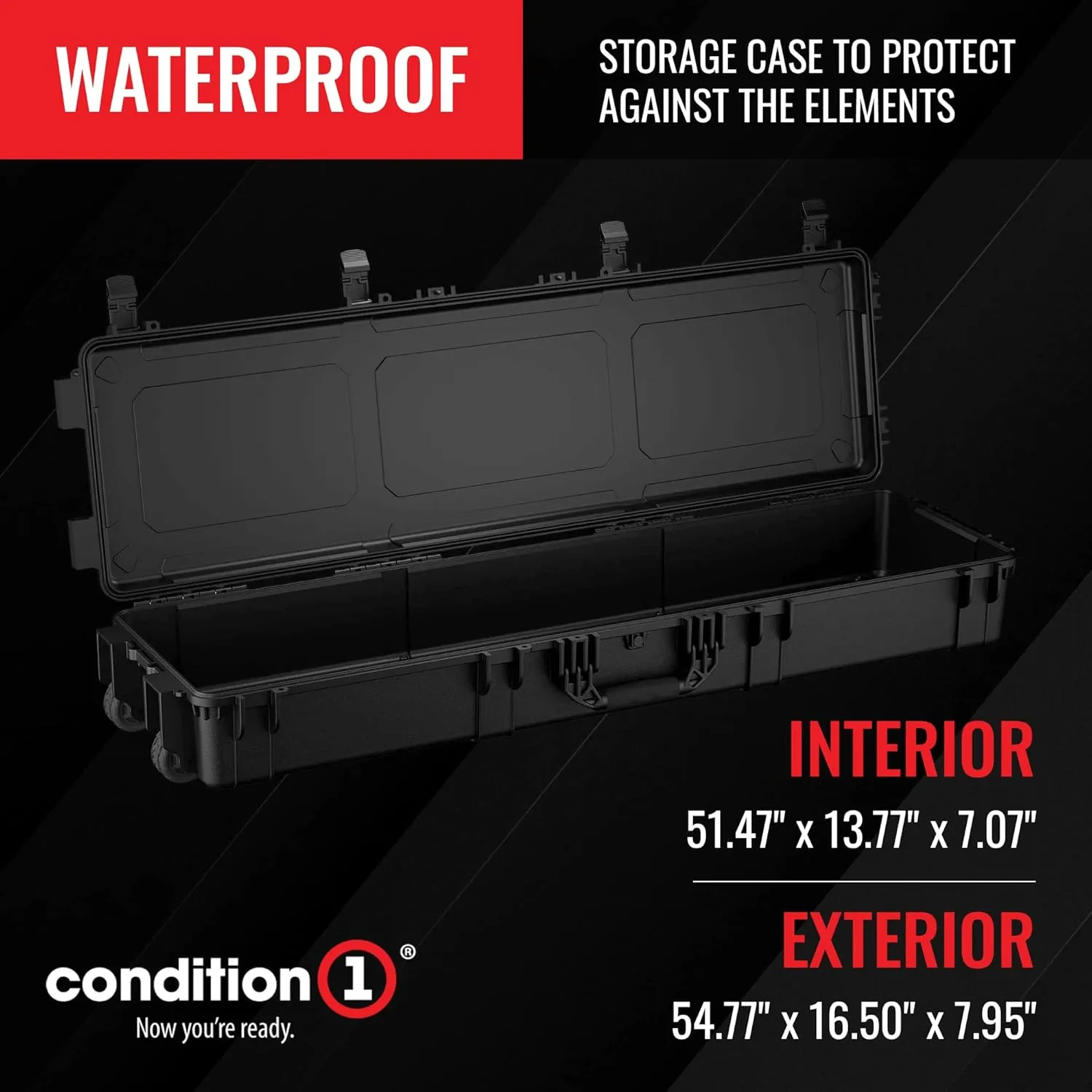 Condition 1 55" Long Gun Carrying Case Model 818 with Wheels, Rolling Hard Lockable Storage with Foam, IP67 Waterproof, TSA Friendly, Made in USA, 54.77"x16.50"x5.94"