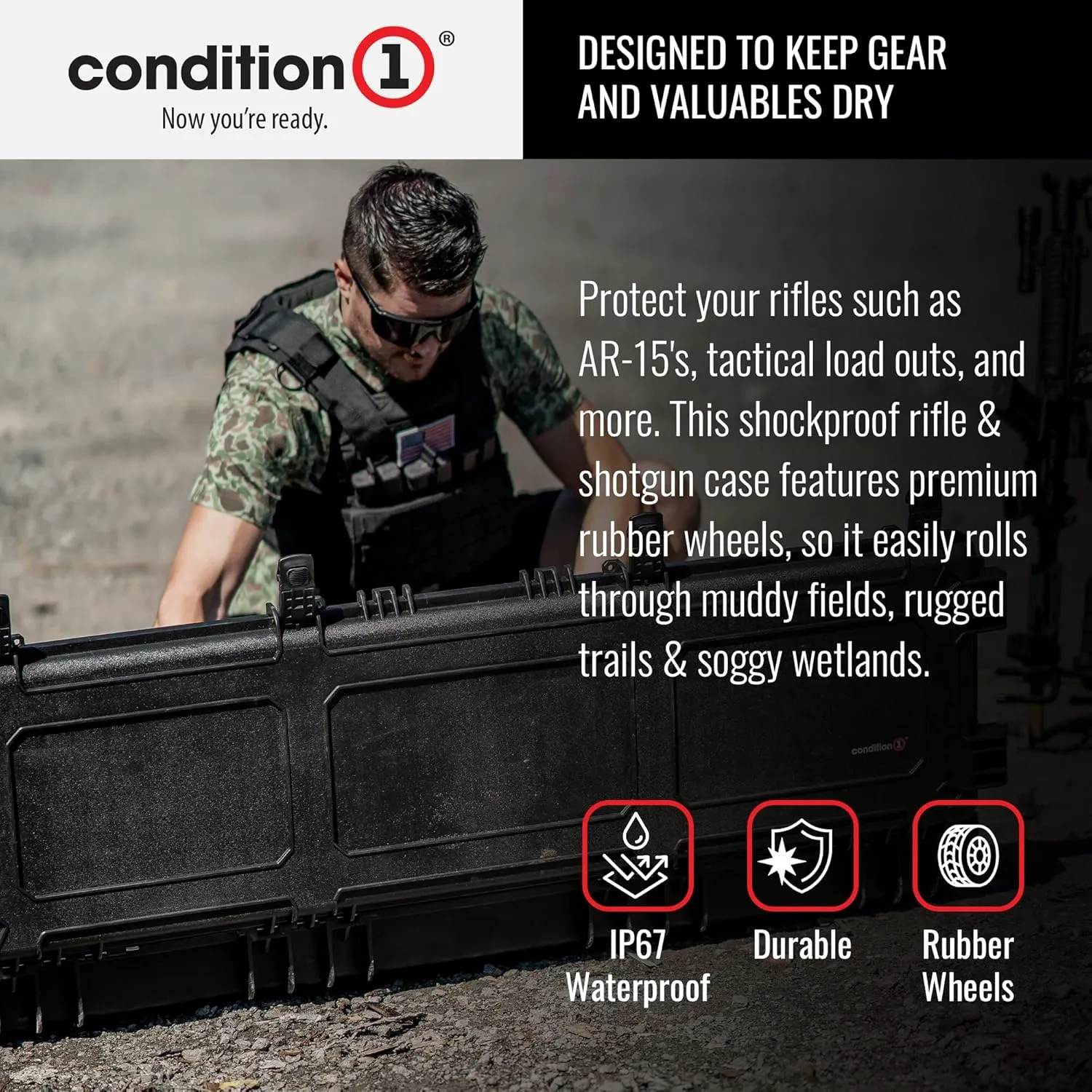 Condition 1 55" Long Gun Carrying Case Model 818 with Wheels, Rolling Hard Lockable Storage with Foam, IP67 Waterproof, TSA Friendly, Made in USA, 54.77"x16.50"x5.94"