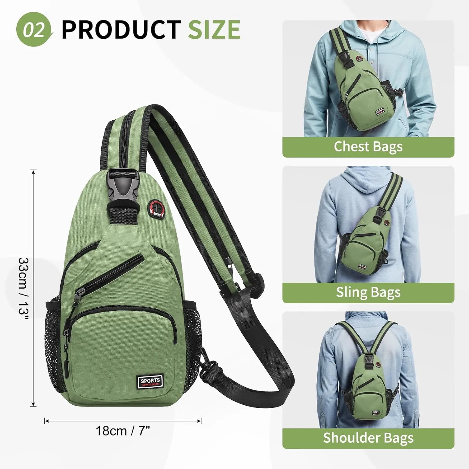 Convertible Sling Bag Crossbody Backpack, 11-Inch Pads Bags with Headphone Jack Shoulder Bag Casual Pack for Women Men Hiking Travel Cycling (Green)