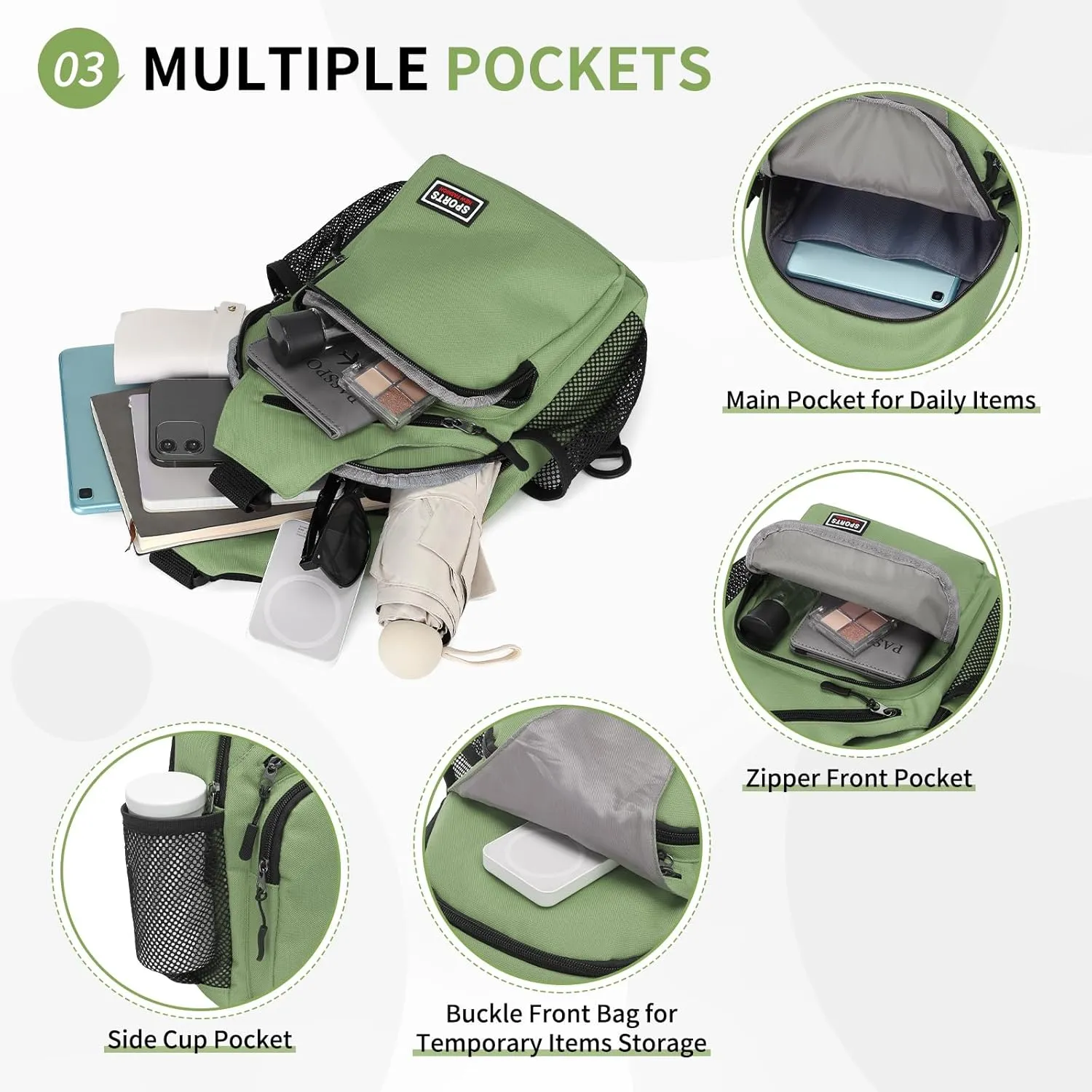 Convertible Sling Bag Crossbody Backpack, 11-Inch Pads Bags with Headphone Jack Shoulder Bag Casual Pack for Women Men Hiking Travel Cycling (Green)
