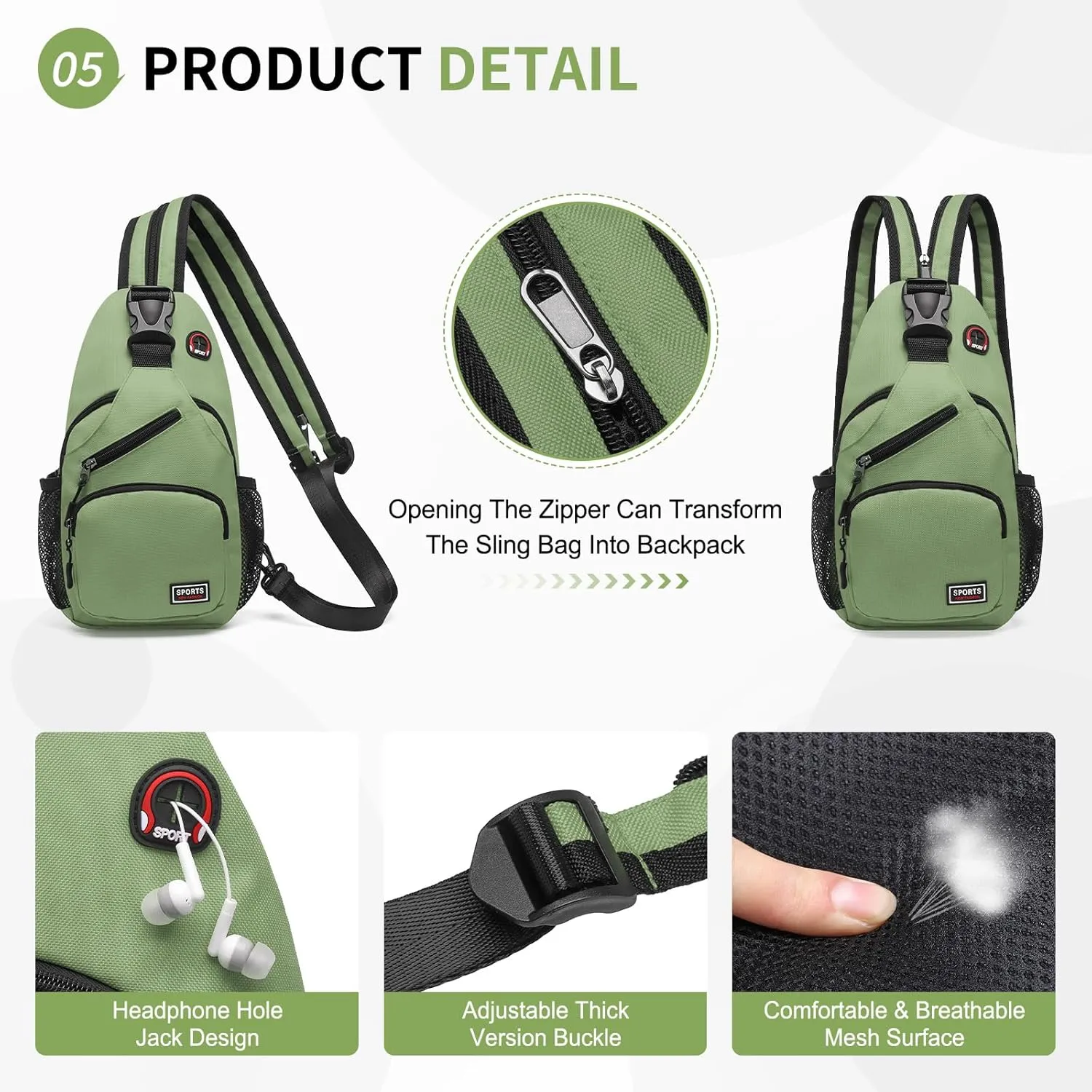Convertible Sling Bag Crossbody Backpack, 11-Inch Pads Bags with Headphone Jack Shoulder Bag Casual Pack for Women Men Hiking Travel Cycling (Green)