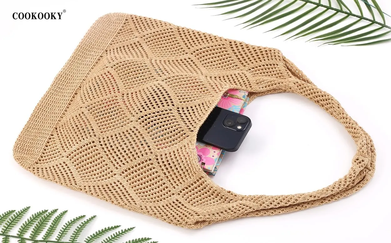 COOKOOKY Crochet Beach Tote bag Summer Beach Bag for Women Aesthetic Mesh Tote Bag Hippie Bag Knit Bag
