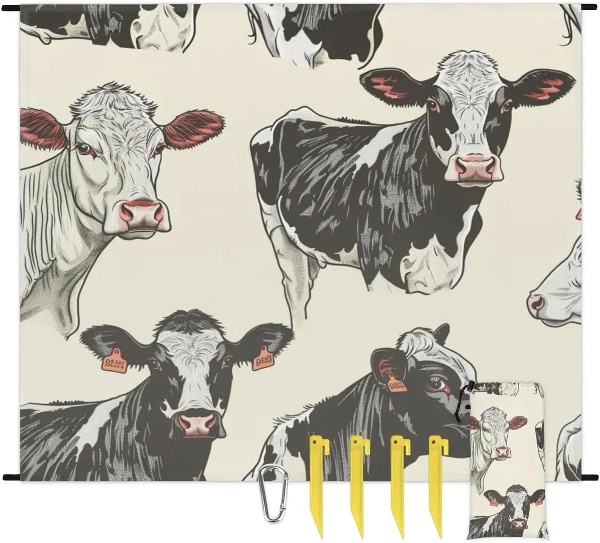 Cow Pattern Beach Blanket, Sandproof Beach Mat, Adults Waterproof Quick Drying Sand Free Mat with 4 x Ground Spikes for Outdoor Travel Camping Hiking, Cow Print