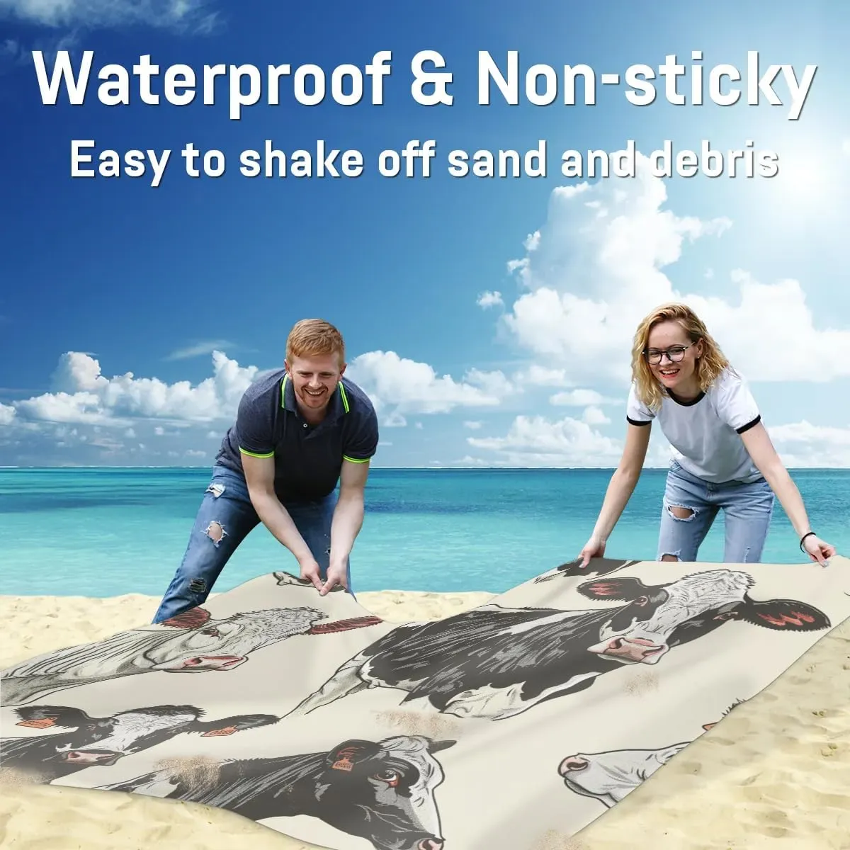 Cow Pattern Beach Blanket, Sandproof Beach Mat, Adults Waterproof Quick Drying Sand Free Mat with 4 x Ground Spikes for Outdoor Travel Camping Hiking, Cow Print