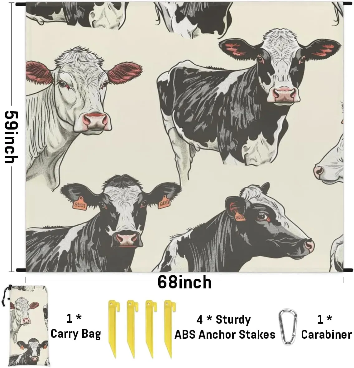 Cow Pattern Beach Blanket, Sandproof Beach Mat, Adults Waterproof Quick Drying Sand Free Mat with 4 x Ground Spikes for Outdoor Travel Camping Hiking, Cow Print