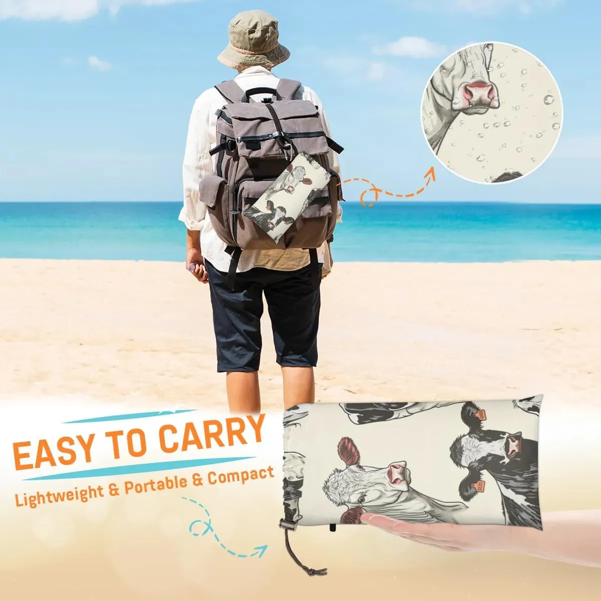 Cow Pattern Beach Blanket, Sandproof Beach Mat, Adults Waterproof Quick Drying Sand Free Mat with 4 x Ground Spikes for Outdoor Travel Camping Hiking, Cow Print