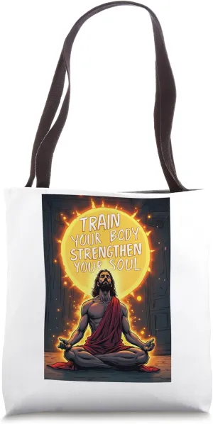 Cristian gym slogan paired with iconic fitness imagery Tote Bag