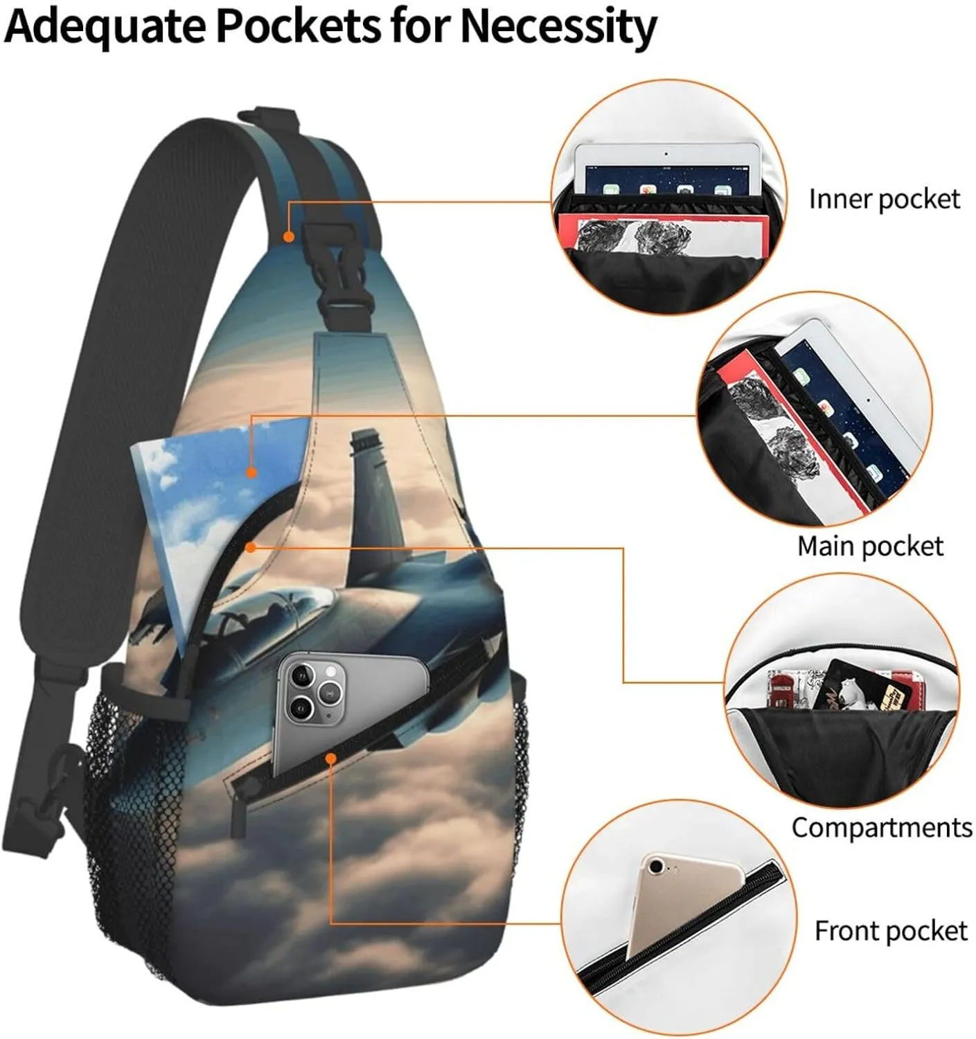 Cross Chest Bag Diagonally Sling Backpack Crossbody Shoulder Bag Aircraft Fighter Jets Sling Bag Travel Hiking Daypack