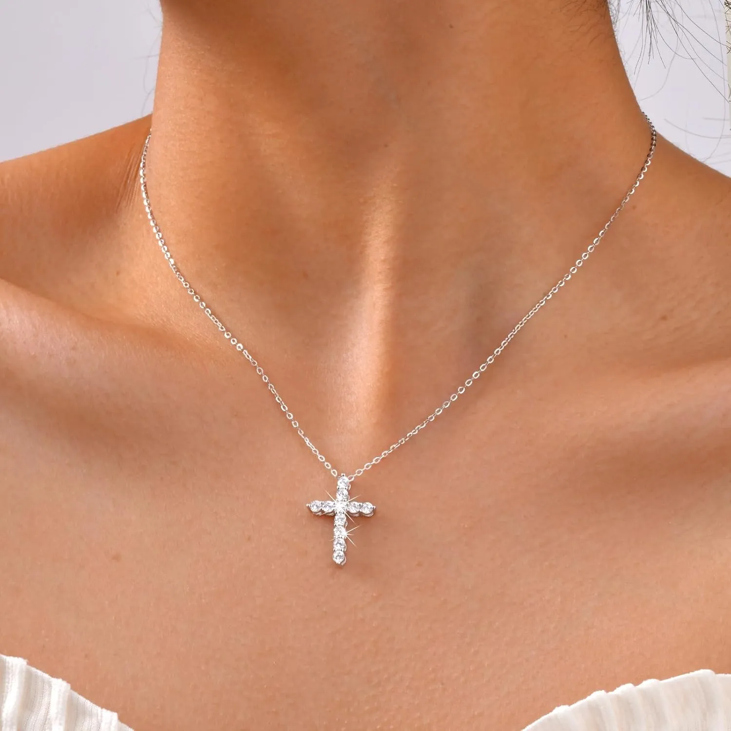 Cross Necklaces for Women 925 Sterling Silver 18K Gold Plated Cubic Zirconia Cross Pendant Necklace Simple Jesus Cross Necklace Cute Simulated Diamond Jewelry Religious Minimalist Gift