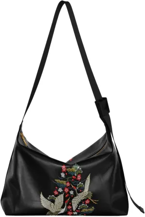 Crossbody Bag for Women Men Trendy Embroidery Japanese Cranes Leather Casual Hobo Shoulder Bags Purses with Adjustable Strap Floral Vintage Oriental Fashion Large Sling Handbag