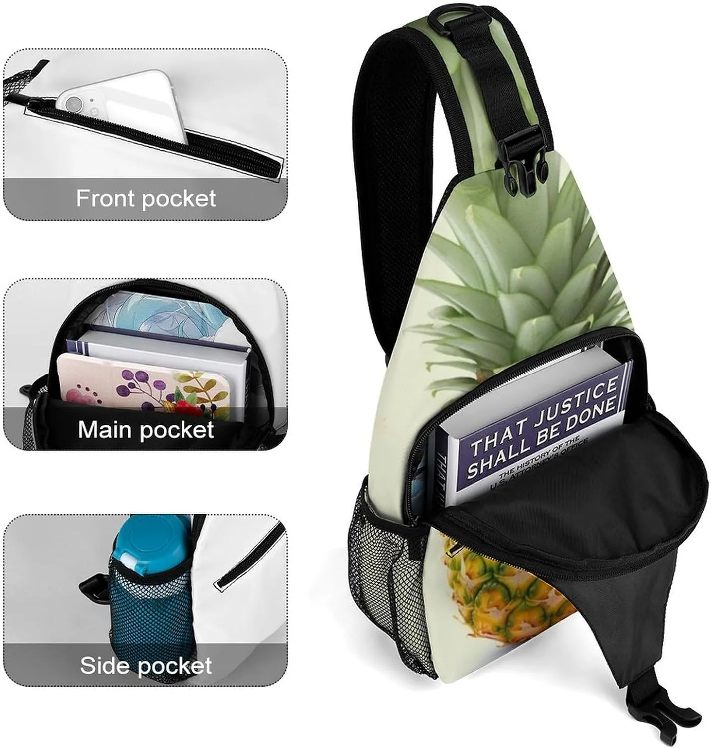 Crossbody Bag Travel Sling Bag for Men Small Sling Backpack Fresh Pineapple Chest Bag Shoulder Bag for Outdoor, 38x20cm