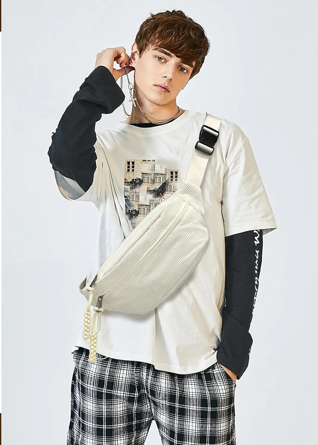 Crossbody Panny Pack Corduroy Sling Bag Casual Chest Bags Multi Zip Pockets with Adjustable Shoulder Straps for Women and Men