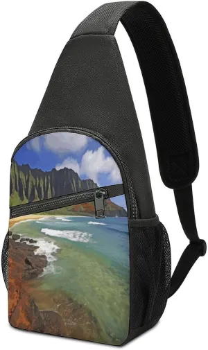 Crossbody Shoulder Chest Bags,Seashore Print Crossbody Shoulder Bag,Casual Sling Shoulder Backpack For Travel Hiking Sports