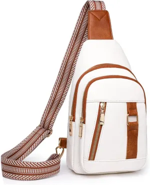 Crossbody Sling Backpack Chest Bag Daypack for Men & Women, PU Sling Bag with Adjustable Guitar Strap, Over Shoulder Bag, Fanny Pack Belt Purse for Travel Sports Hiking Shopping (White)