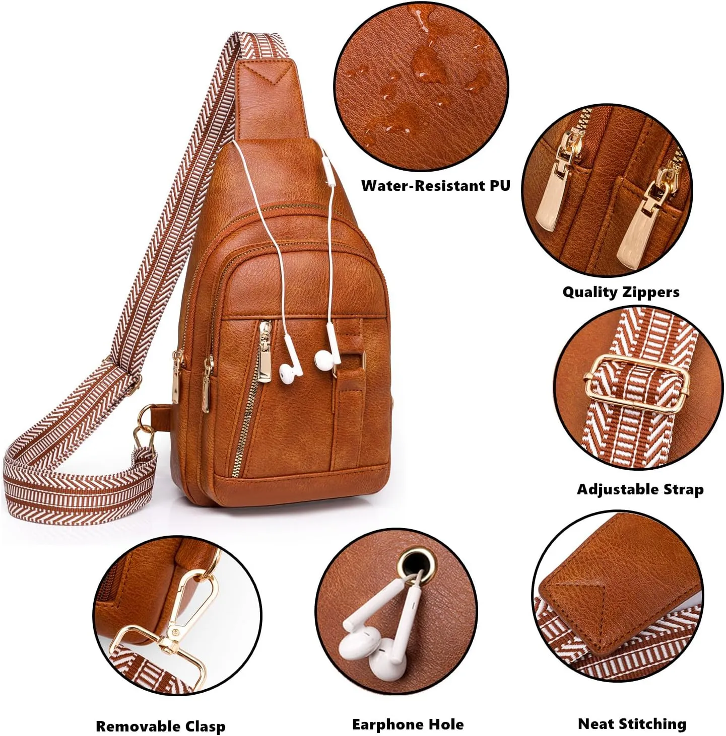 Crossbody Sling Backpack Chest Bag Daypack for Men & Women, PU Sling Bag with Adjustable Guitar Strap, Over Shoulder Bag, Fanny Pack Belt Purse for Travel Sports Hiking Shopping (White)