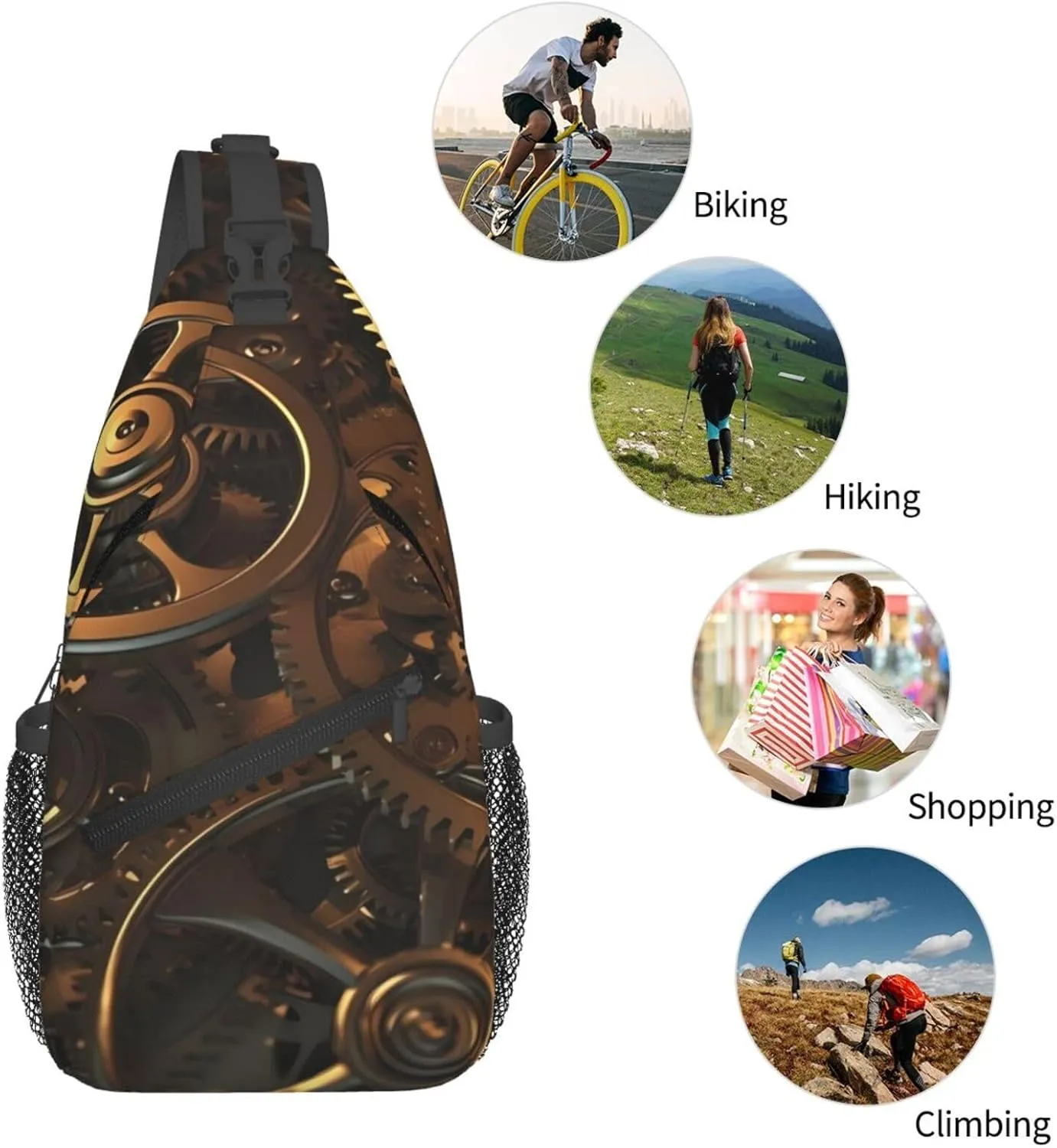 Crossbody Sling Backpack Sling Bag For Men Women Cross Chest Bag Shoulder Bag Cool Steampunk Gears Travel Hiking Daypack