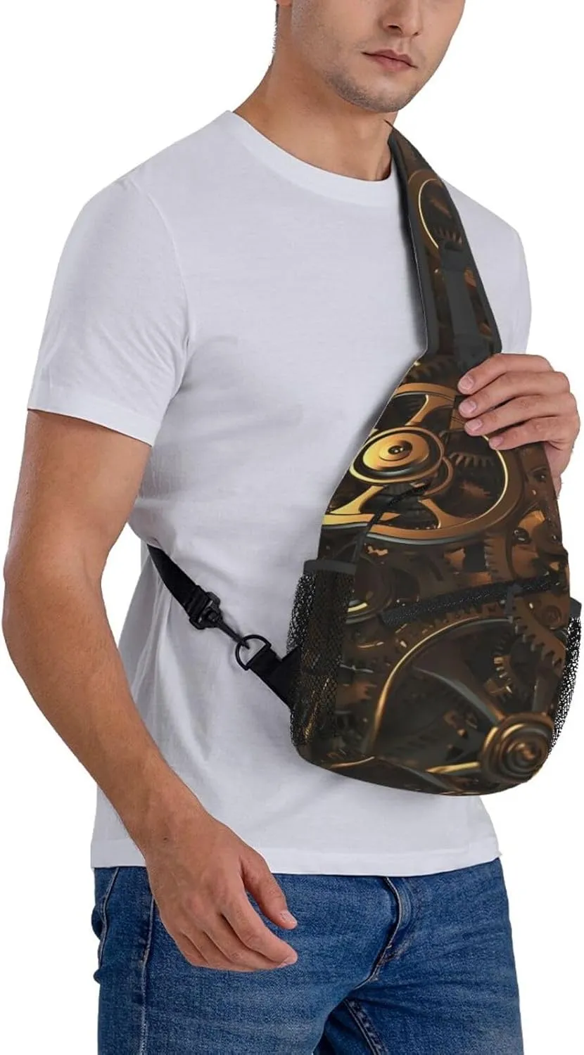 Crossbody Sling Backpack Sling Bag For Men Women Cross Chest Bag Shoulder Bag Cool Steampunk Gears Travel Hiking Daypack